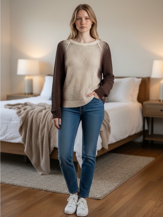 Michael Kors Sweaters - Michael Kors Cream and Brown Open-Knit Sweater with Gold Logo